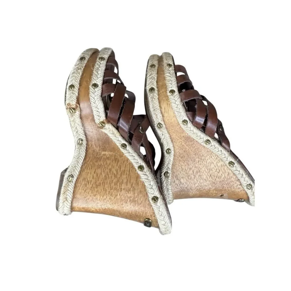 Michael Kors Y2K Brown Leather Studded Espadrille Wedge Sandals Size 6